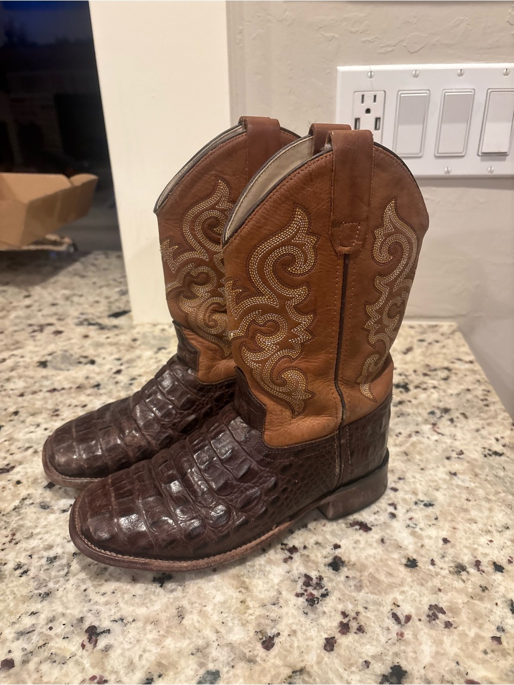 Old West Brown and Tan Kids Western Boots with Crocodile-Texture Foot